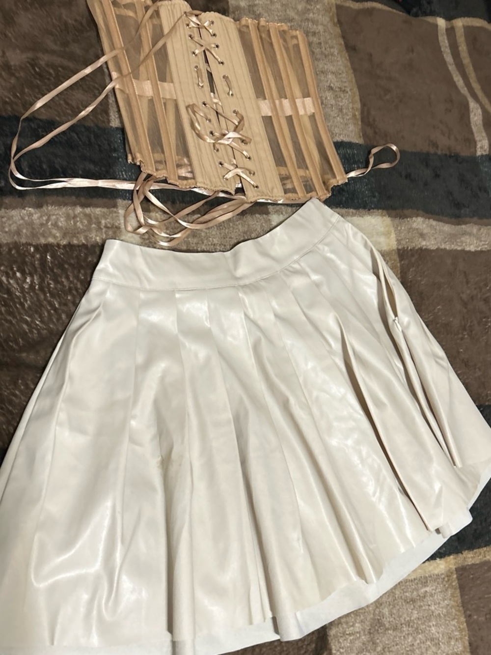 Patagonia Cream Pleated Asymmetrical Skirt with Tan Corset Belt